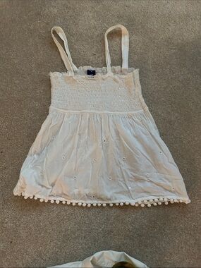 Girls White Smocked Tank Top with Pom Trim